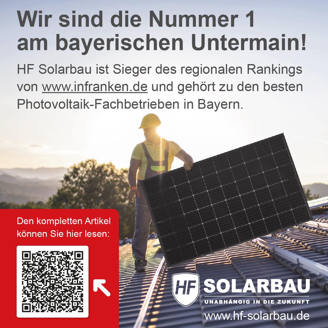 Ein Monteur trägt ein Photovoltaik Modul auf einem Dach bei tiefstehender Sonne. Der Text zeigt die Auszeichnung von HF Solarbau als Nummer 1 am bayerischen Untermain und als einen der besten Fachbetriebe für Photovoltaik in Bayern.